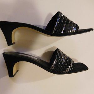 Ann Marino Backless Heels in Black with Bronze & White Beads --Size 8.5M